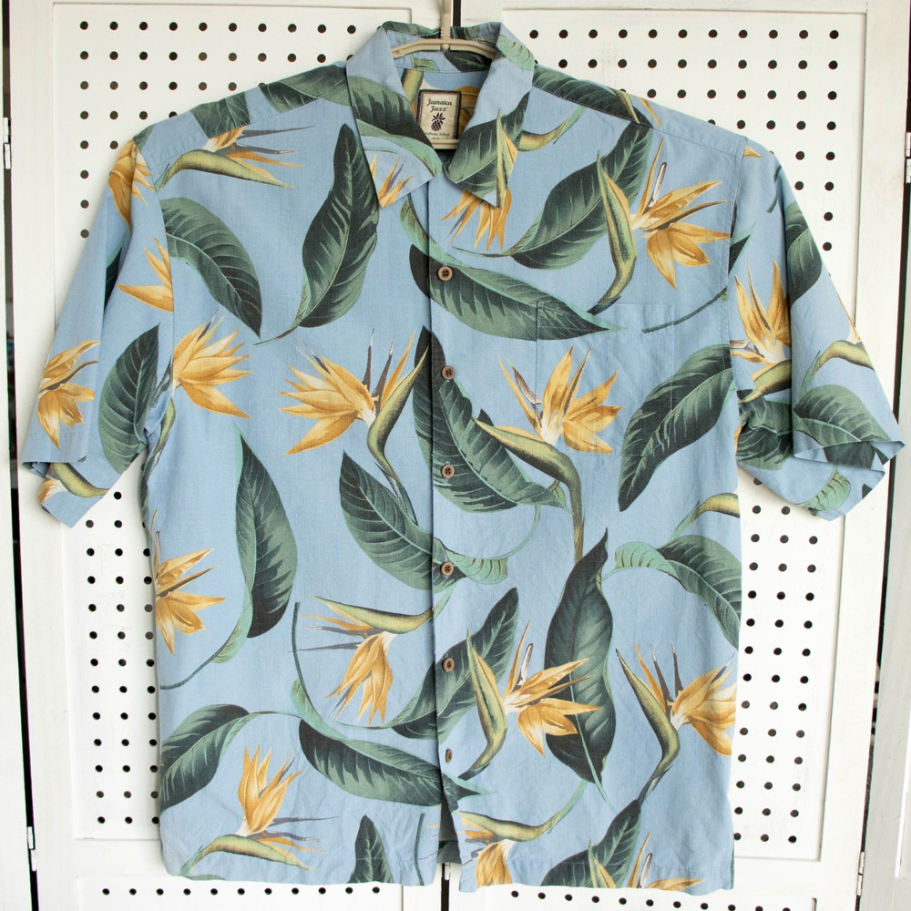 Jamaica Jaxx Mens SIZE L Blue Silk Shirt Hawaiian Floral Print Button Front